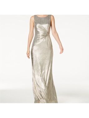 Calvin Klein Shimmering Metallic Gold Twist-Detail Maxi Dress V Back